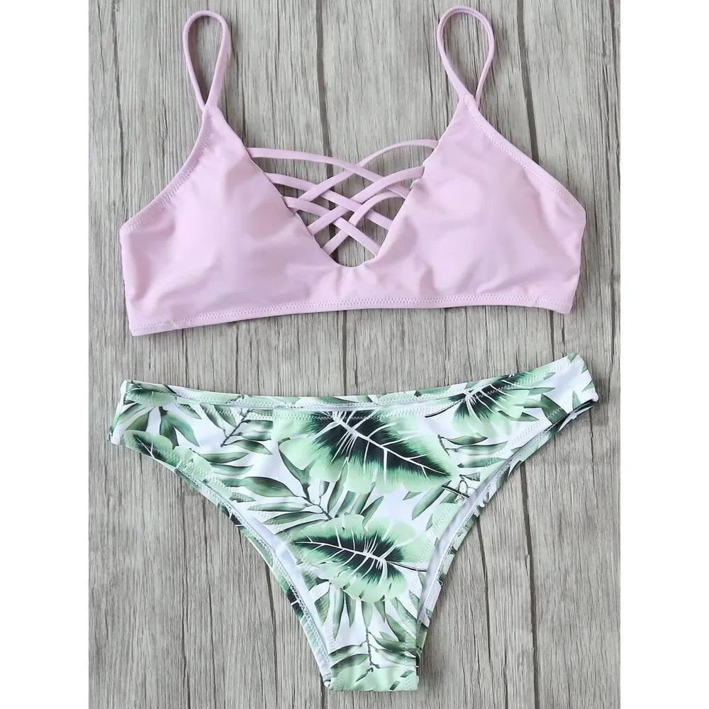 ✨4xHP✨Leaf Print Criss Cross Mix&Match Bikini Set✨